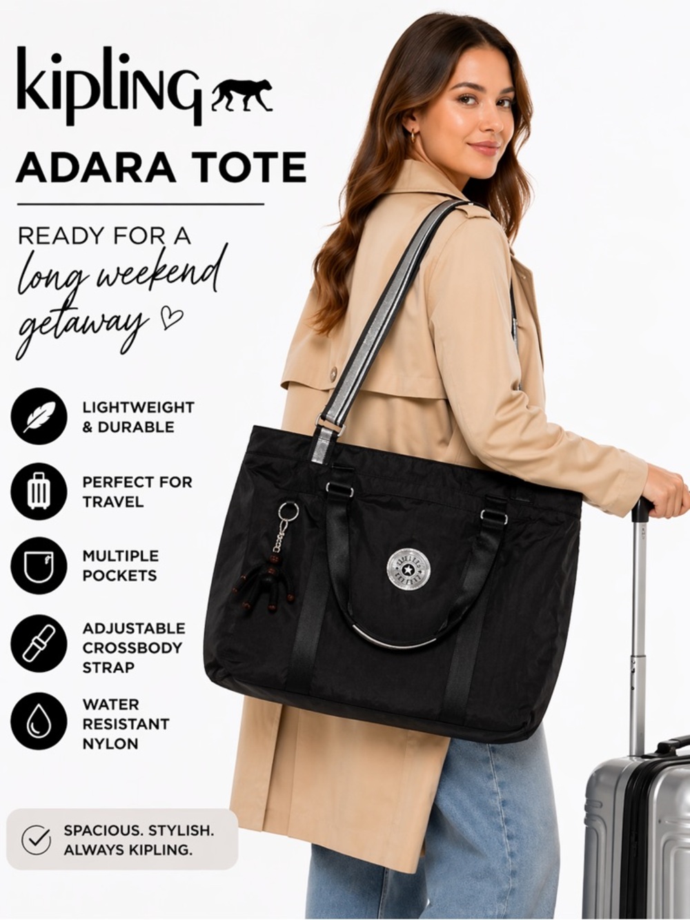 FINAL PRICE! Kipling Adara Tote Black Silver Large Nylon Travel Work Bag NWT